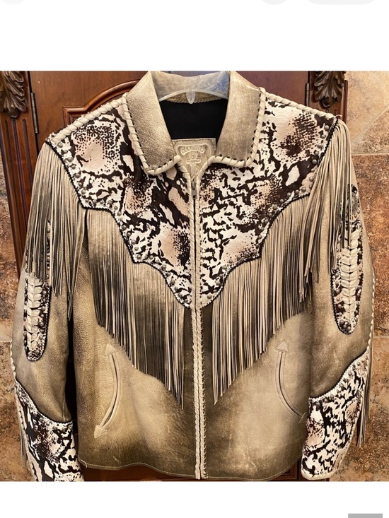 Gamino Jackets & Blazers - Fringed Leather Jacket with Animal Print Accents - Beige/Brown